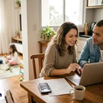 Casal na mesa da cozinha com notebook e calculadora comparando o preço do plano de saúde familiar, com os filhos brincando ao fundo