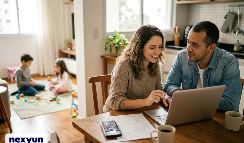 Casal na mesa da cozinha com notebook e calculadora comparando o preço do plano de saúde familiar, com os filhos brincando ao fundo