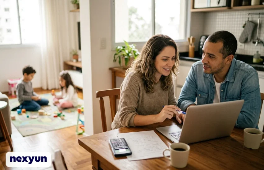 Casal na mesa da cozinha com notebook e calculadora comparando o preço do plano de saúde familiar, com os filhos brincando ao fundo