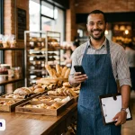 Microempreendedor em sua confeitaria, com celular e prancheta, pesquisando o preço do plano de saúde para MEI