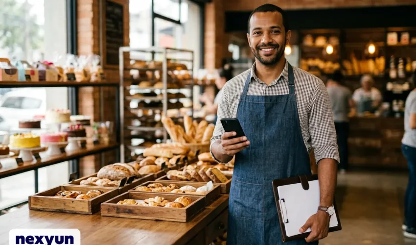 Microempreendedor em sua confeitaria, com celular e prancheta, pesquisando o preço do plano de saúde para MEI