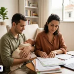 Casal com bebê recém-nascido separando documentos para incluir dependente no plano de saúde empresarial