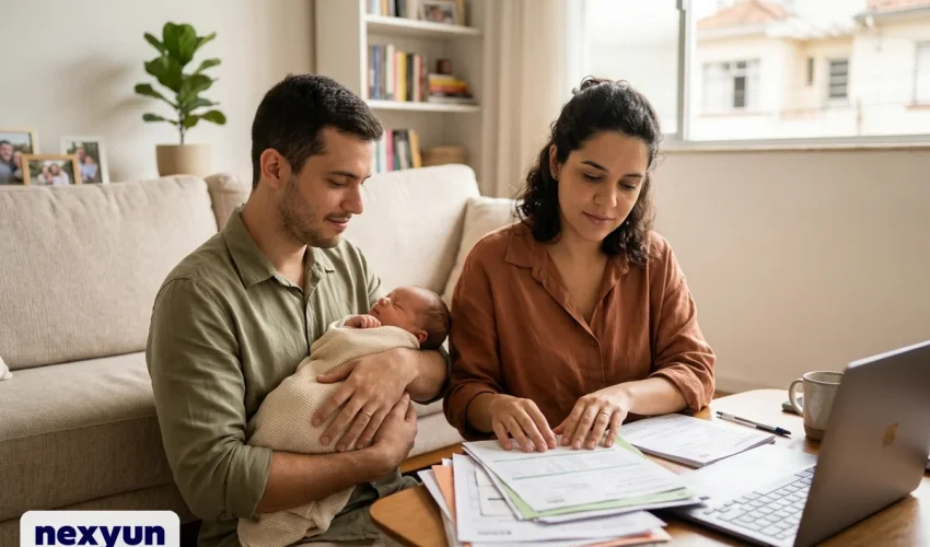 Casal com bebê recém-nascido separando documentos para incluir dependente no plano de saúde empresarial