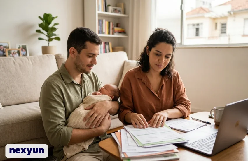 Casal com bebê recém-nascido separando documentos para incluir dependente no plano de saúde empresarial